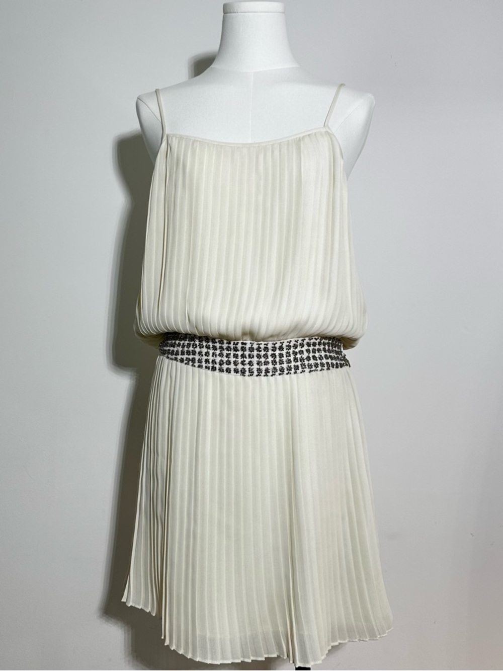 Pleated Ivory Spaghetti Strap Dress with metallic beaded embellished waist.